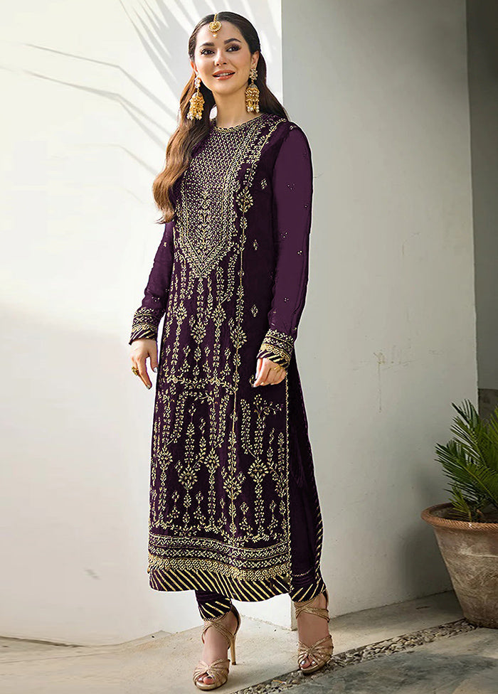 3 Pc Purple Semi Stitched Georgette Suit Set