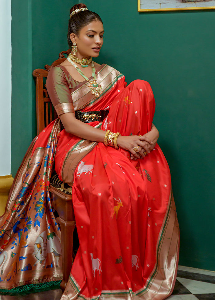 Red Dupion Silk Saree With Blouse Piece