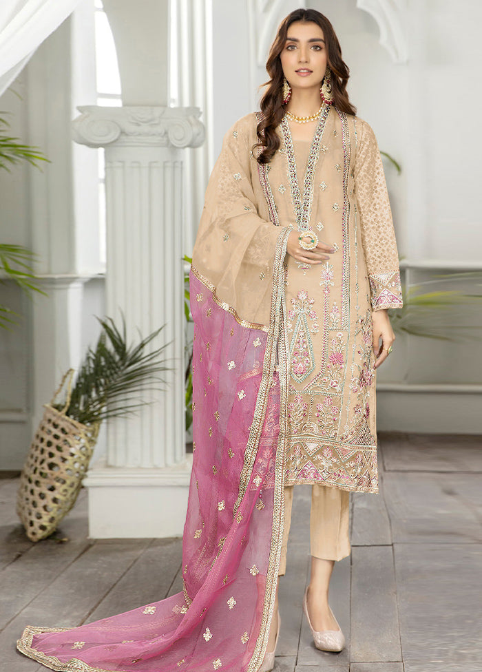 3 Pc Beige Semi Stitched Net Suit Set