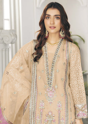 3 Pc Beige Semi Stitched Net Suit Set