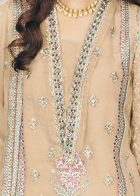 3 Pc Beige Semi Stitched Net Suit Set