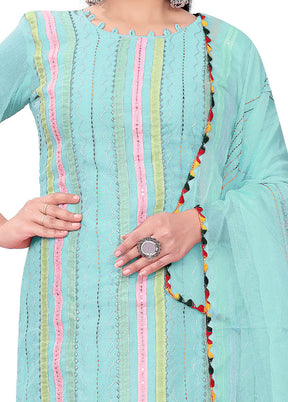 3 Pc Blue Readymade Chanderi Suit Set