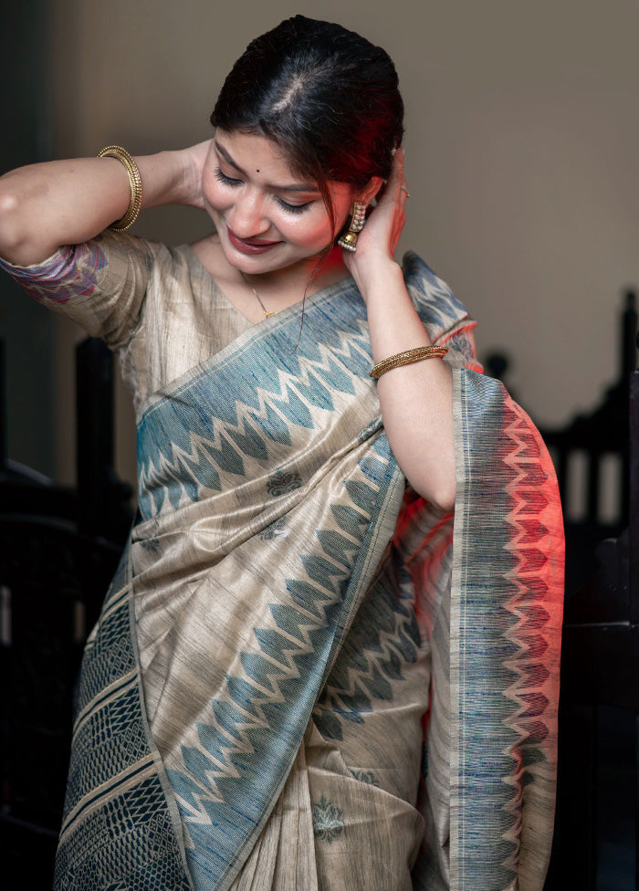 Blue Spun Silk Saree With Blouse Piece