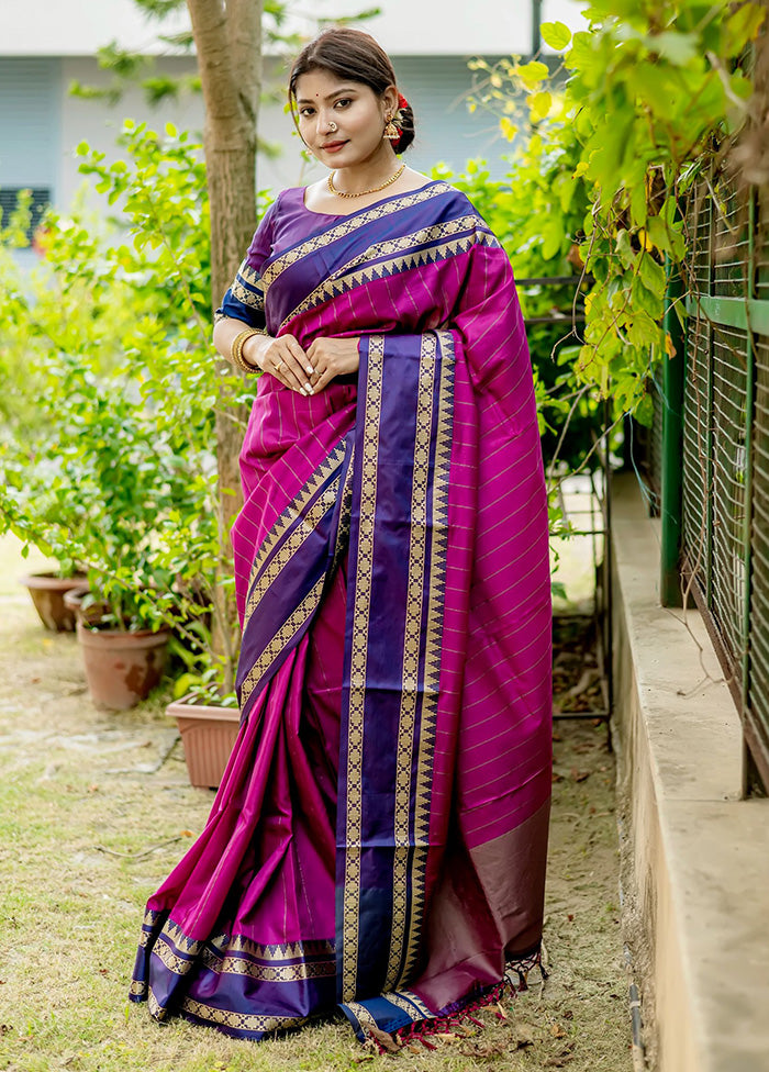 Magenta Spun Silk Saree With Blouse Piece