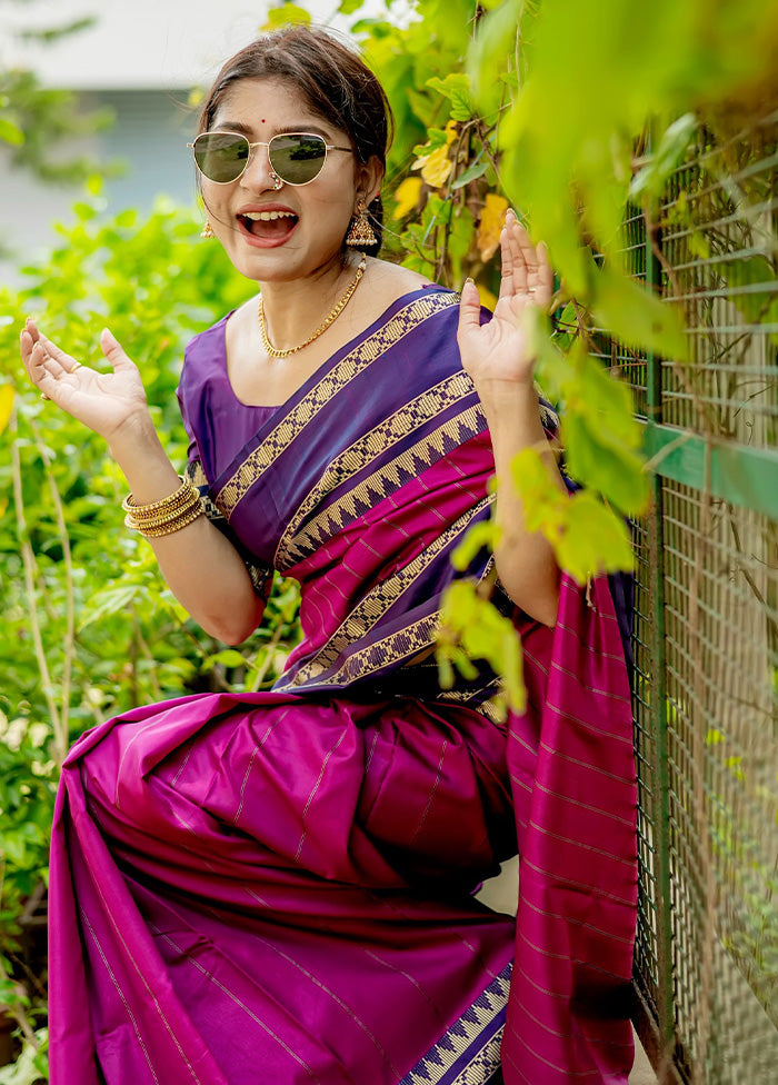 Magenta Spun Silk Saree With Blouse Piece