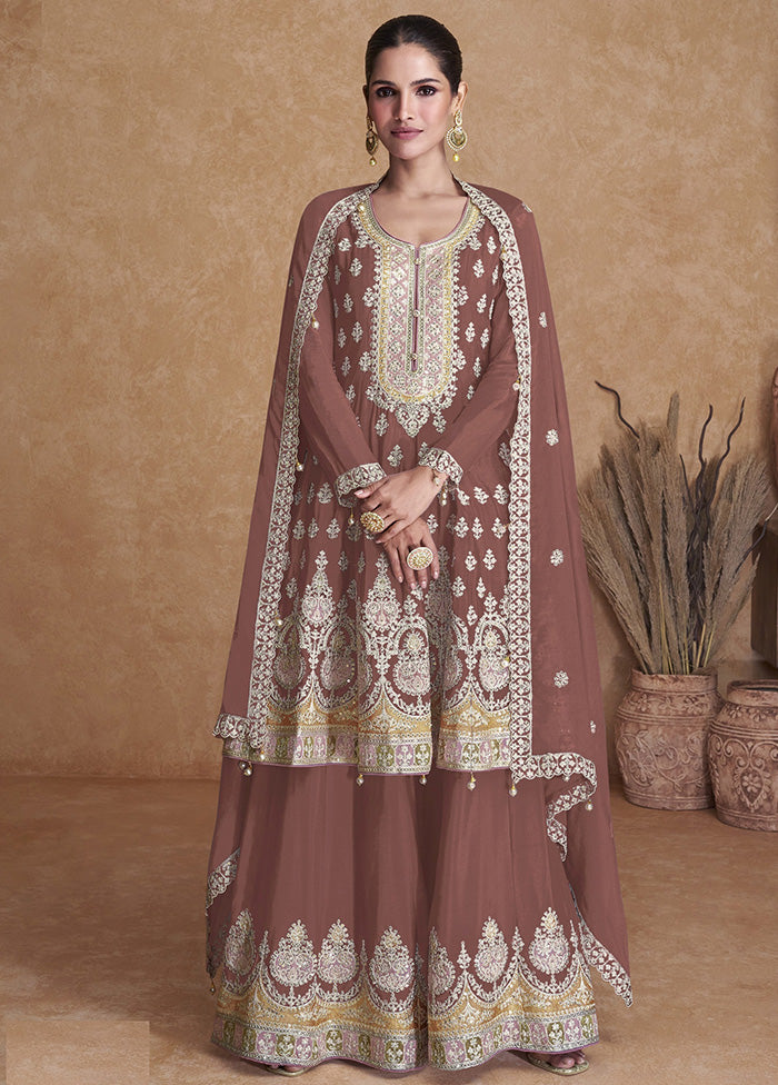 3 Pc Brown Unstitched Georgette Suit Set