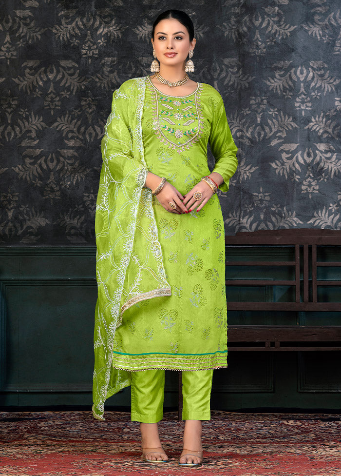 3 Pc Lime Green Semi Stitched Organza Suit Set