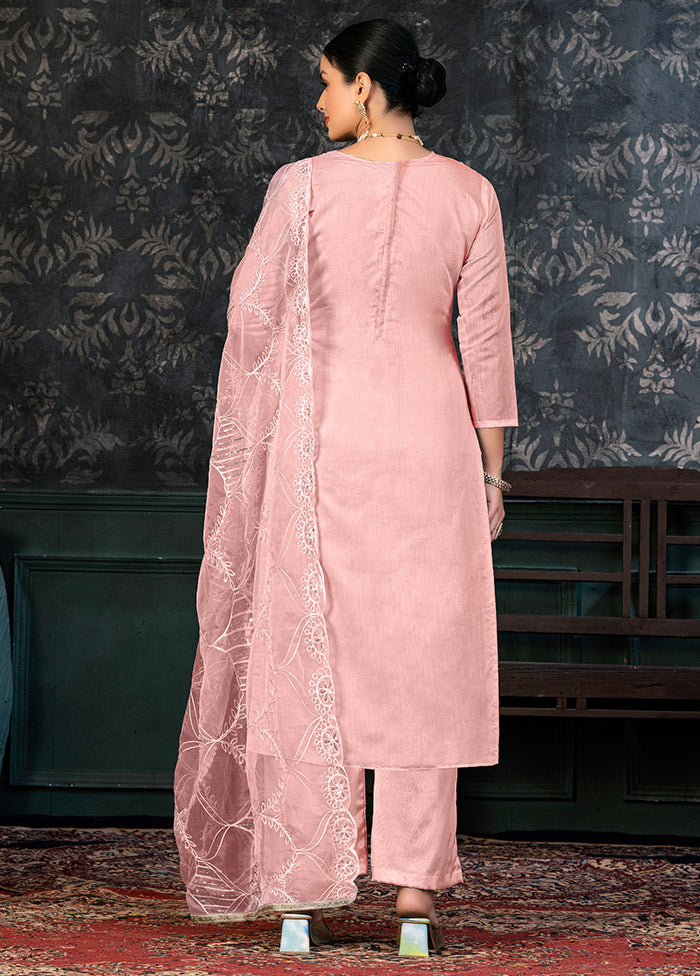 3 Pc Pink Semi Stitched Organza Suit Set