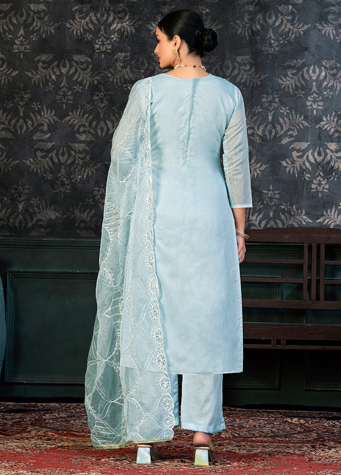 3 Pc Sky Blue Semi Stitched Organza Suit Set