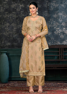 3 Pc Light Brown Semi Stitched Organza Suit Set