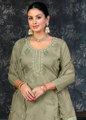 3 Pc Olive Green Semi Stitched Organza Suit Set