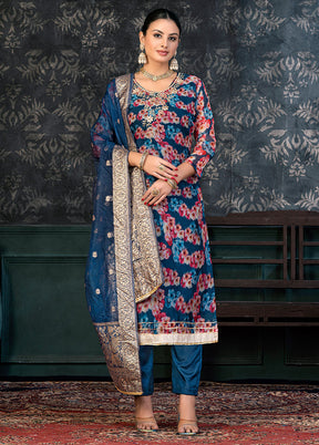 3 Pc Blue Semi Stitched Organza Suit Set