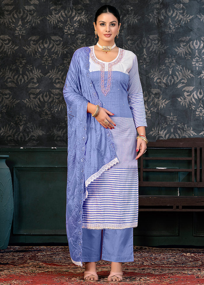 3 Pc Blue Semi Stitched Cotton Suit Set