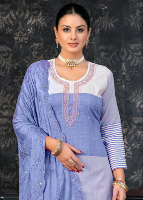 3 Pc Blue Semi Stitched Cotton Suit Set