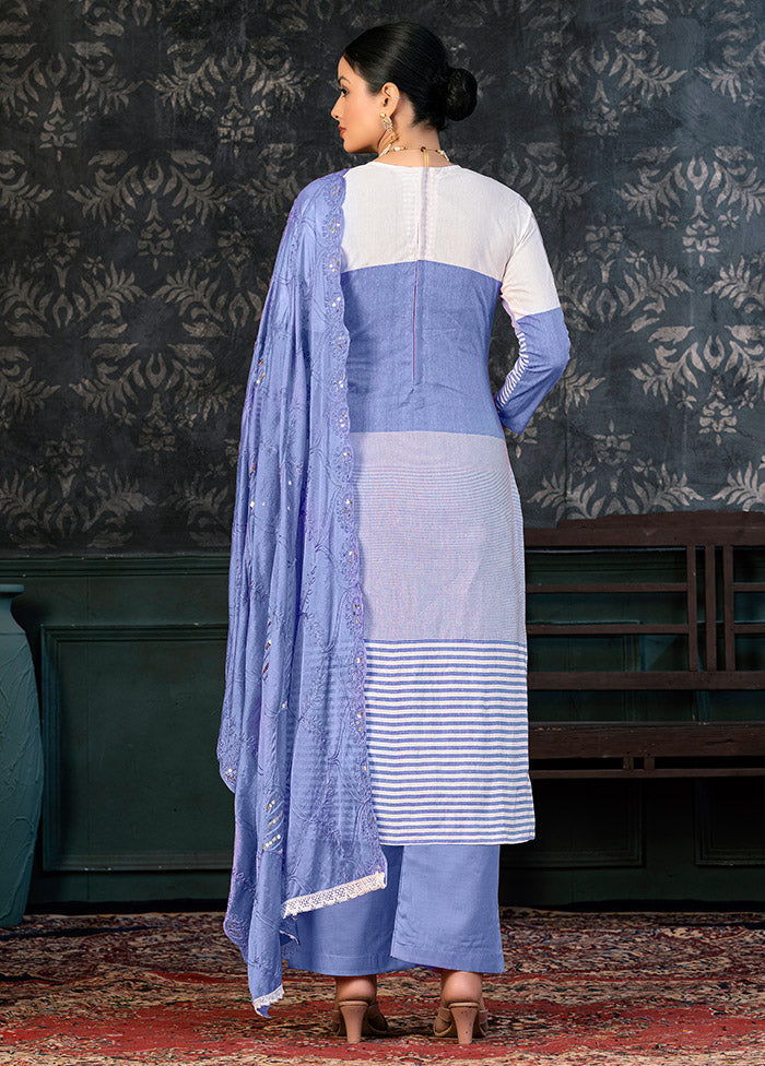 3 Pc Blue Semi Stitched Cotton Suit Set