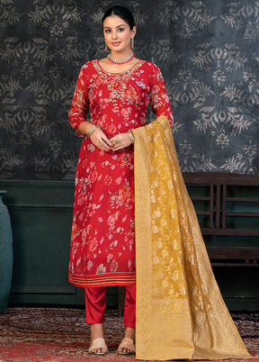 3 Pc Red Semi Stitched Organza Suit Set