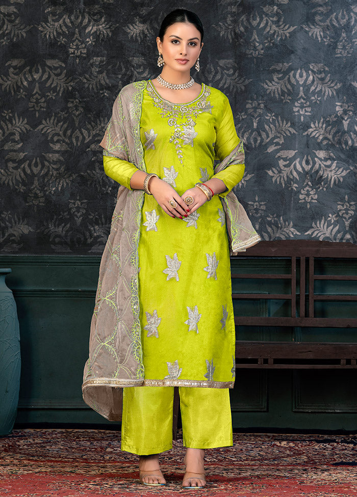 3 Pc Lime Green Semi Stitched Organza Suit Set