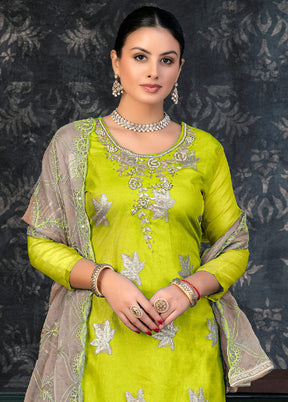 3 Pc Lime Green Semi Stitched Organza Suit Set