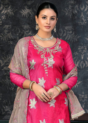 3 Pc Pink Semi Stitched Organza Suit Set