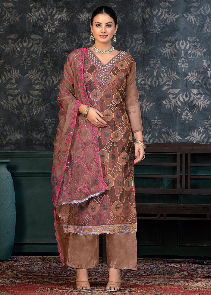 3 Pc Brown Semi Stitched Organza Suit Set