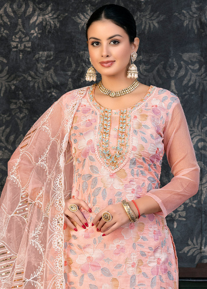 3 Pc Pink Semi Stitched Organza Suit Set