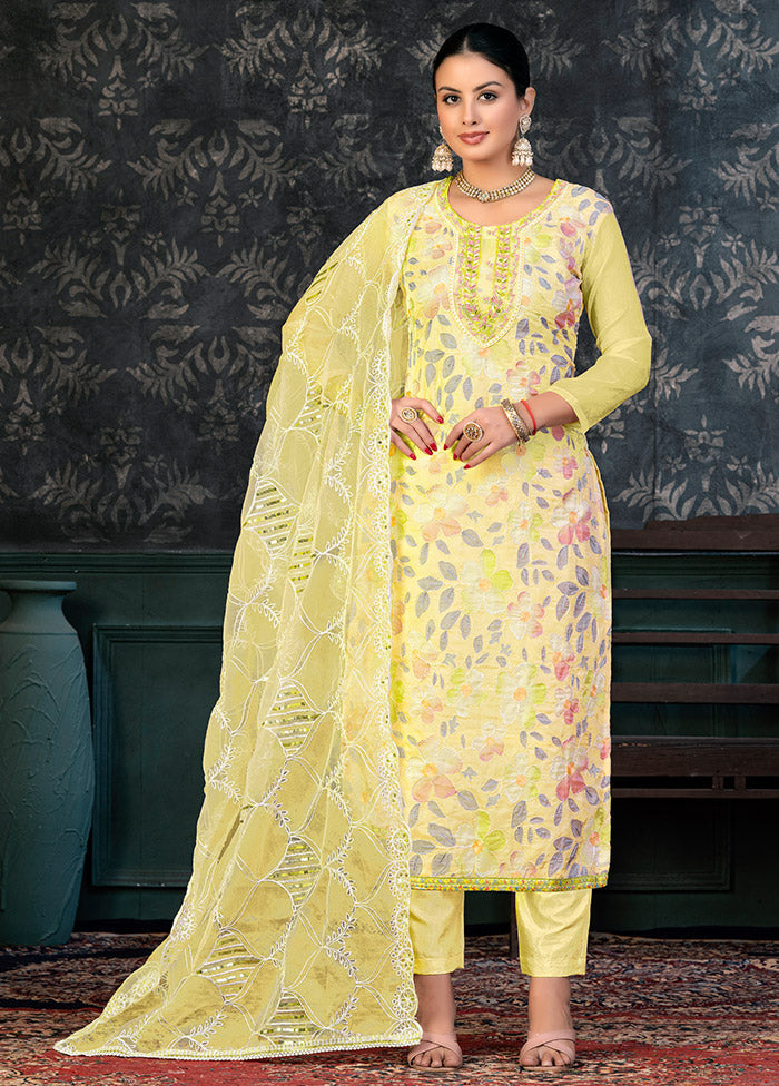 3 Pc Yellow Semi Stitched Organza Suit Set