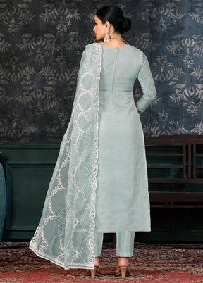 3 Pc Grey Semi Stitched Organza Suit Set