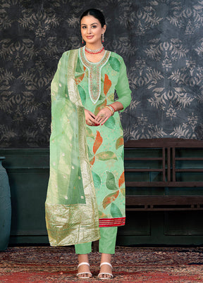 3 Pc Lime Green Semi Stitched Organza Suit Set