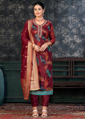 3 Pc Maroon Semi Stitched Organza Suit Set