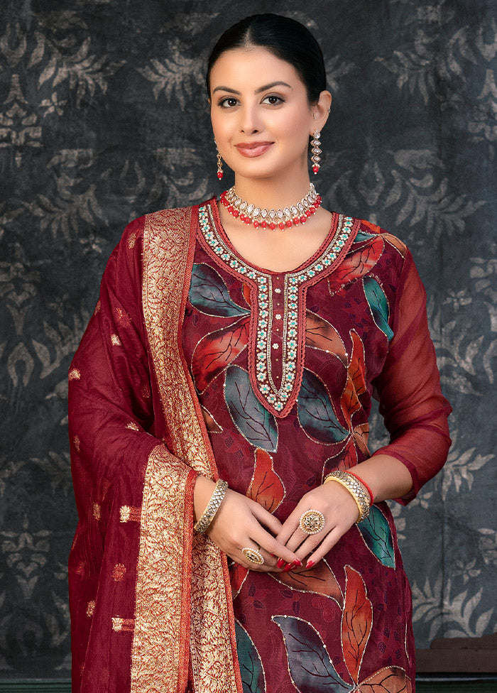 3 Pc Maroon Semi Stitched Organza Suit Set