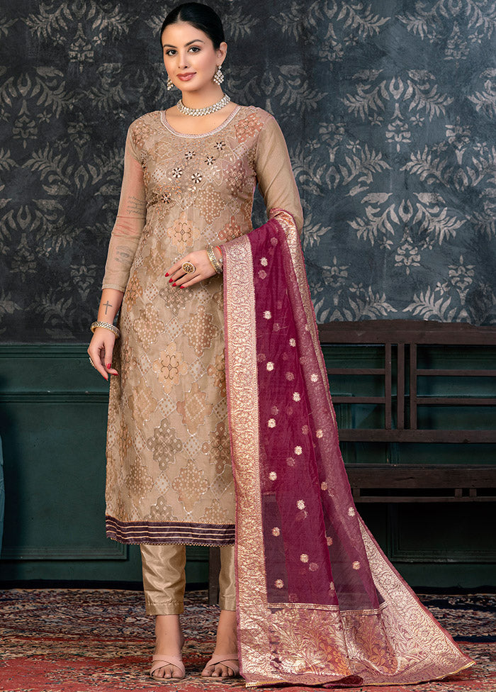 3 Pc Brown Semi Stitched Organza Suit Set