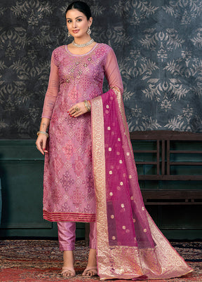 3 Pc Pink Semi Stitched Organza Suit Set