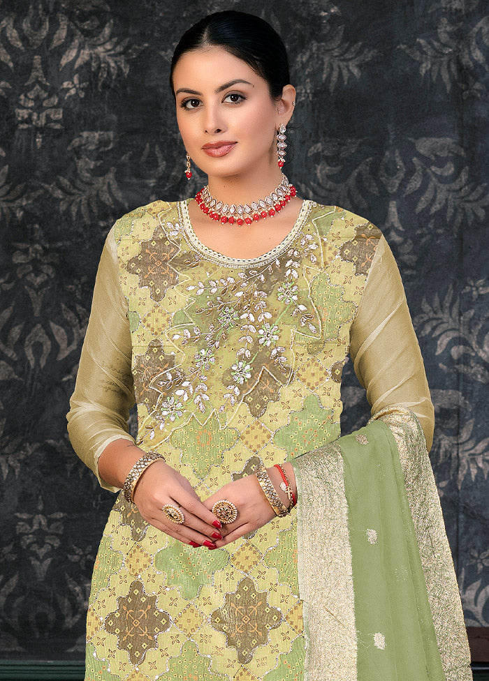 3 Pc Green Semi Stitched Organza Suit Set