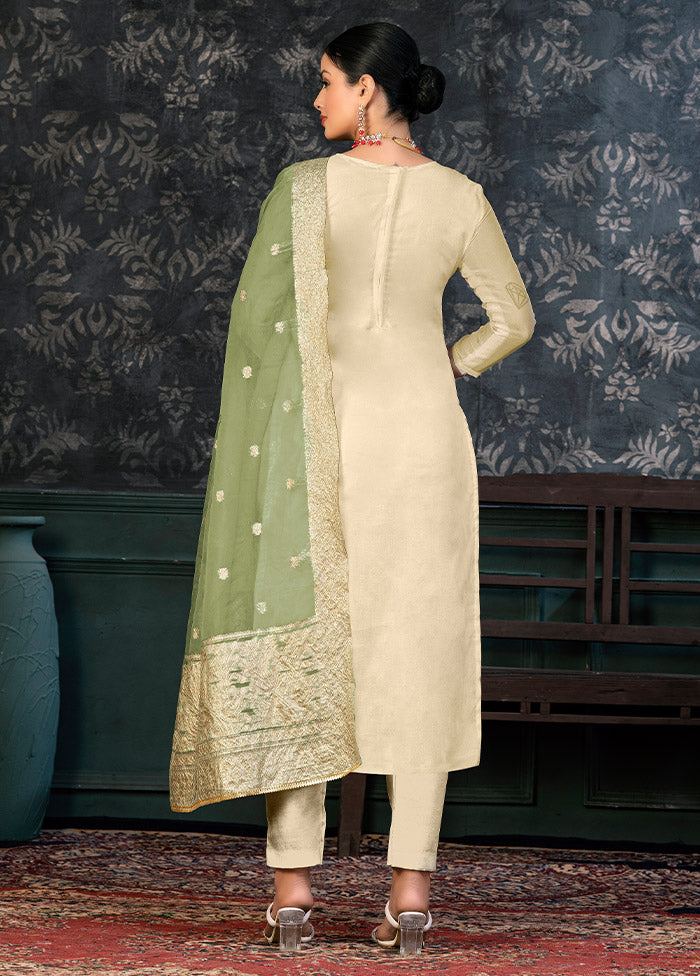 3 Pc Green Semi Stitched Organza Suit Set