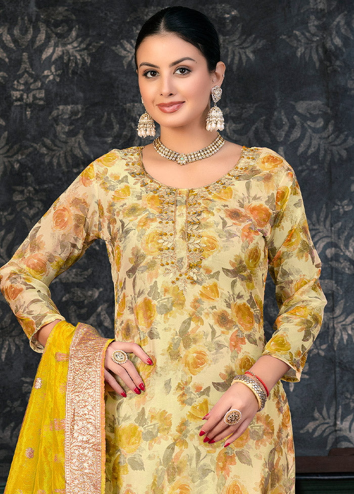 3 Pc Yellow Semi Stitched Organza Suit Set