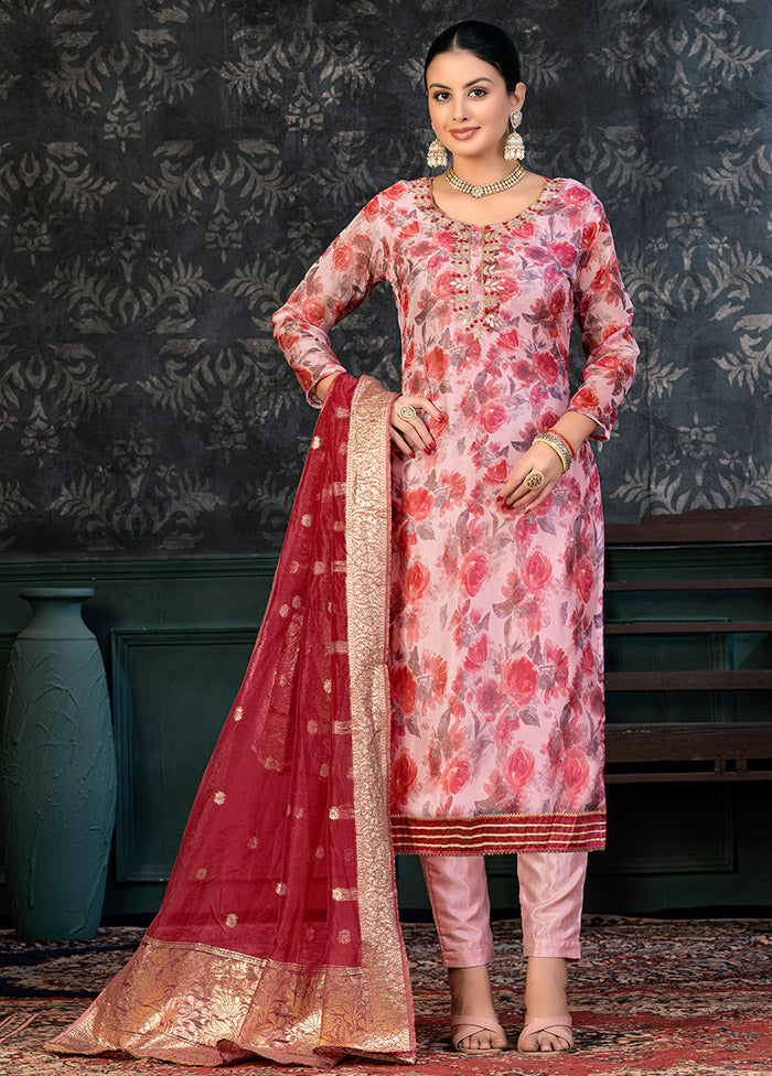 3 Pc Red Semi Stitched Organza Suit Set