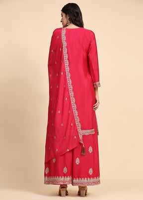 3 Pc Pink Semi Stitched Silk Suit Set