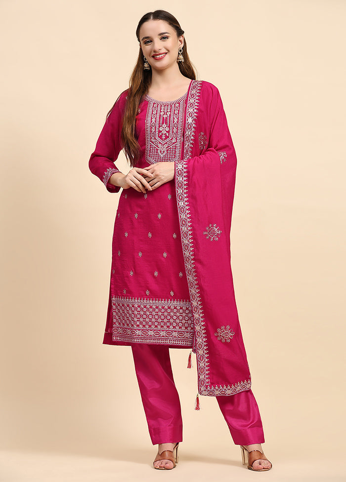 3 Pc Pink Semi Stitched Silk Suit Set