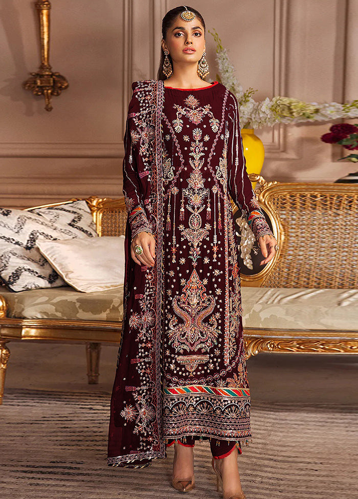 3 Pc Maroon Semi Stitched Georgette Suit Set