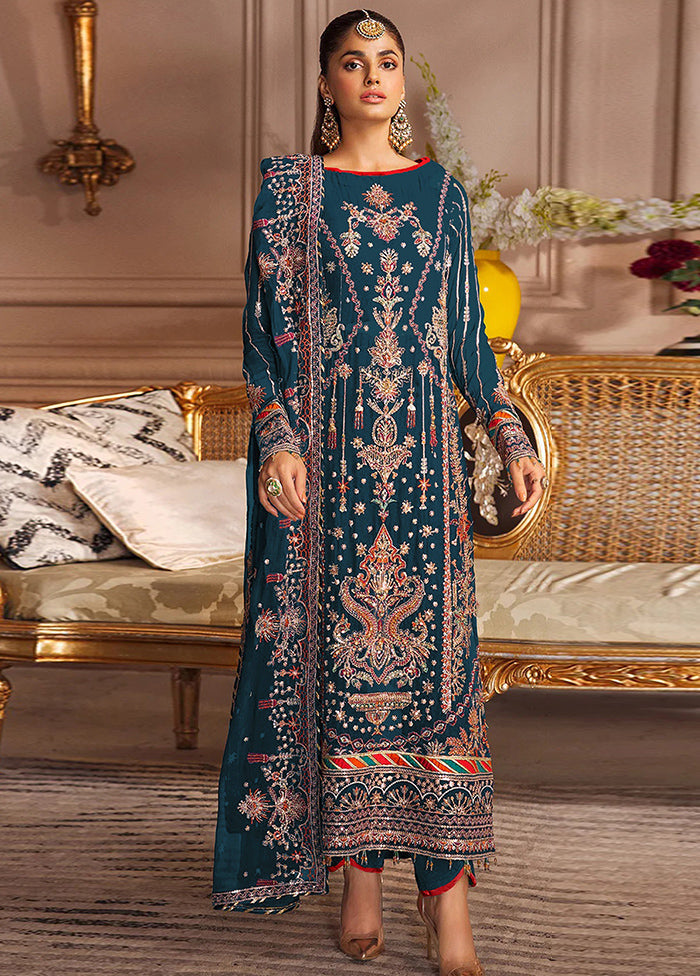 3 Pc Aqua Semi Stitched Georgette Suit Set