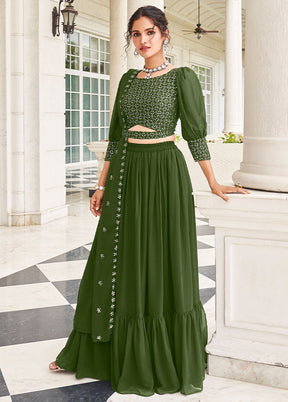 3 Pc Mehendi Georgette Semi Stitched Lehenga Set