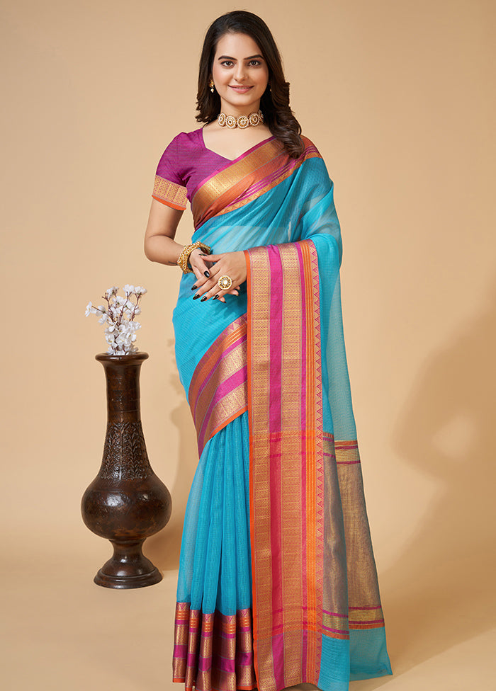 Sky Blue Dupion Silk Saree With Blouse Piece