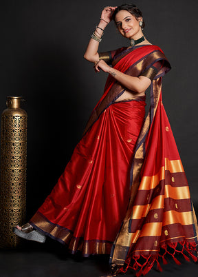 Red Dupion Silk Saree With Blouse Piece