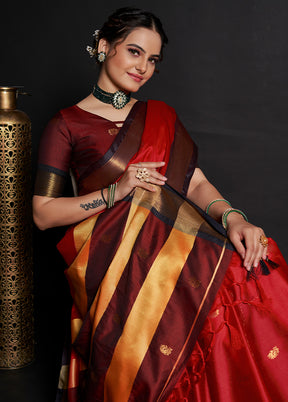 Red Dupion Silk Saree With Blouse Piece