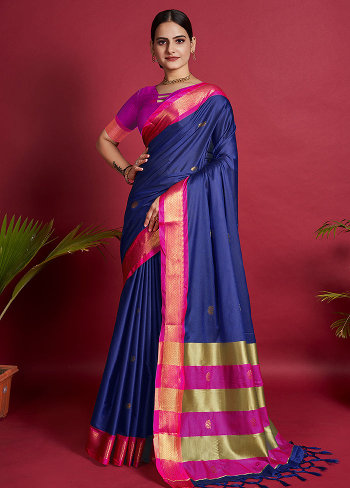 Blue Dupion Silk Saree With Blouse Piece