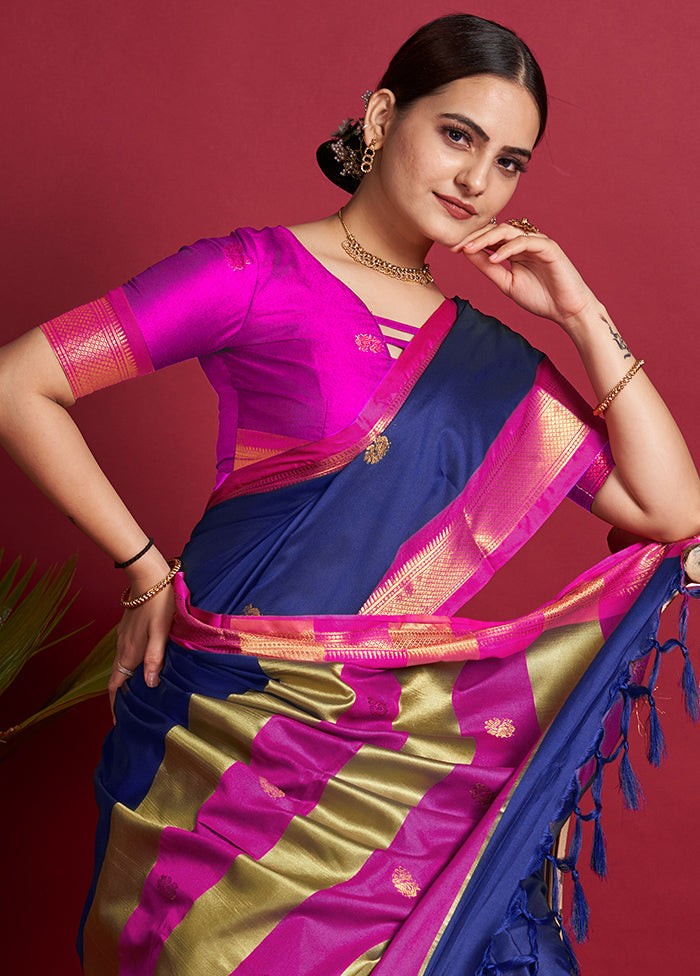 Blue Dupion Silk Saree With Blouse Piece