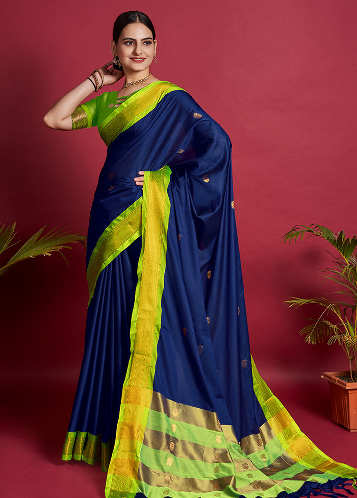 Navy Blue Dupion Silk Saree With Blouse Piece