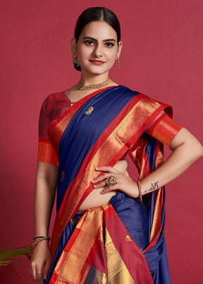 Blue Dupion Silk Saree With Blouse Piece