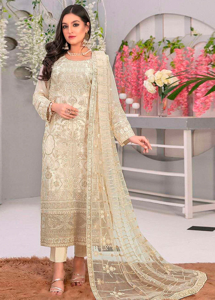 3 Pc Cream Semi Stitched Georgette Suit Set