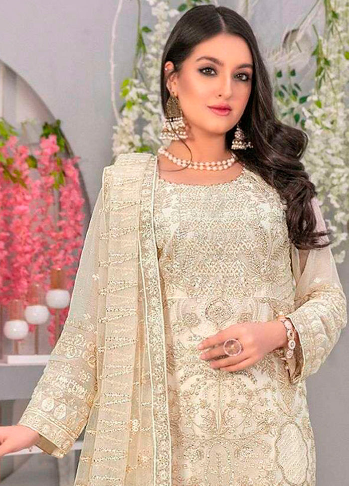 3 Pc Cream Semi Stitched Georgette Suit Set